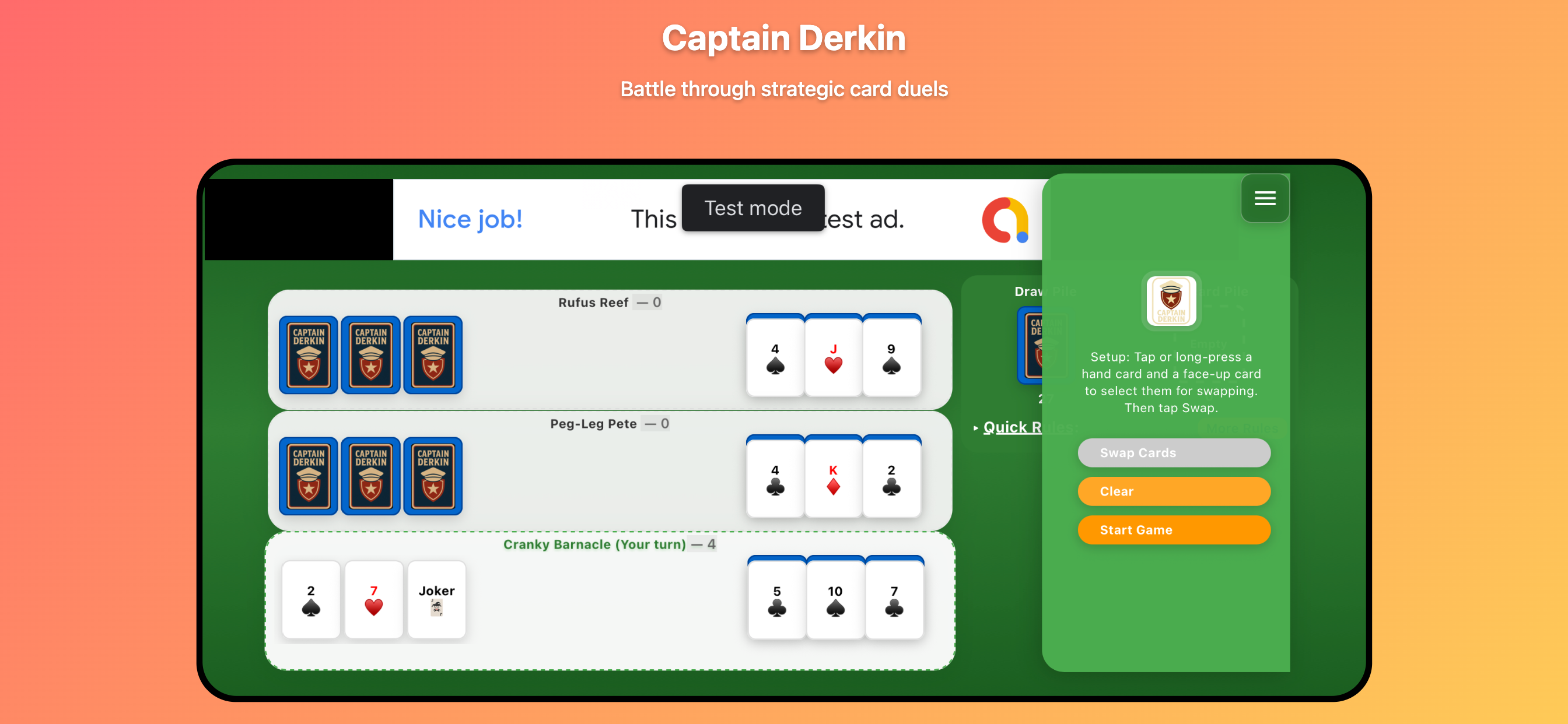 Captain Derkin gameplay on iOS showing card play